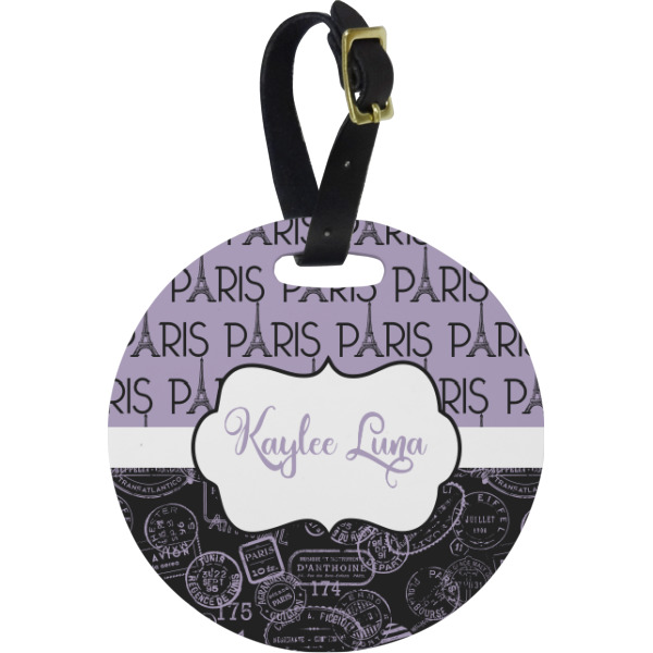 Custom Paris Bonjour and Eiffel Tower Plastic Luggage Tag - Round (Personalized)