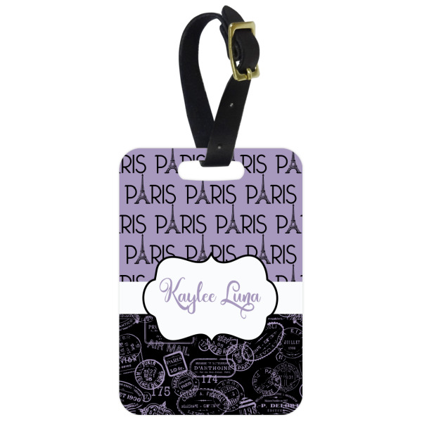 Custom Paris Bonjour and Eiffel Tower Metal Luggage Tag w/ Name or Text