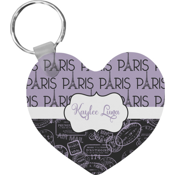 Custom Paris Bonjour and Eiffel Tower Heart Plastic Keychain w/ Name or Text
