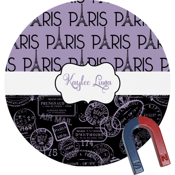 Custom Paris Bonjour and Eiffel Tower Round Fridge Magnet (Personalized)