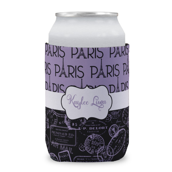 Custom Paris Bonjour and Eiffel Tower Can Cooler (12 oz) w/ Name or Text