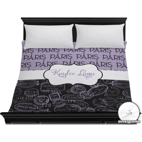 Custom Paris Bonjour and Eiffel Tower Duvet Cover - King (Personalized)