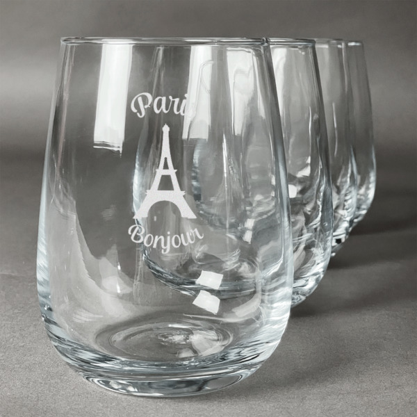 Custom Paris Bonjour and Eiffel Tower Stemless Wine Glasses (Set of 4) (Personalized)