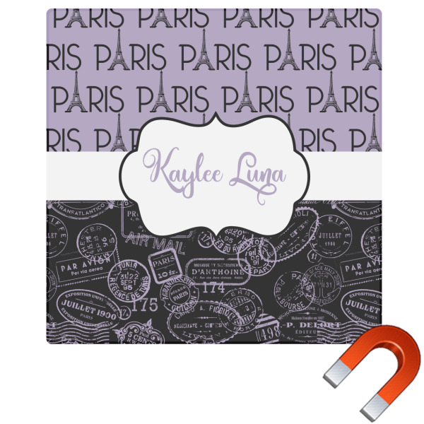 Custom Paris Bonjour and Eiffel Tower Square Car Magnet - 6" (Personalized)