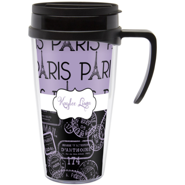 Custom Paris Bonjour and Eiffel Tower Acrylic Travel Mug with Handle (Personalized)