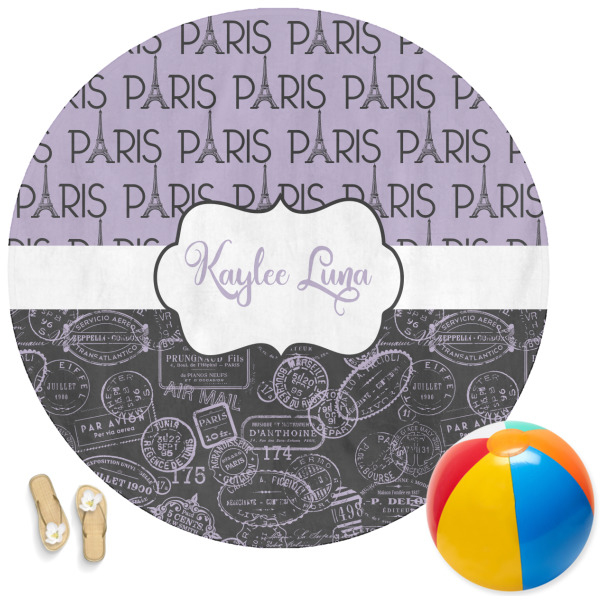 Custom Paris Bonjour and Eiffel Tower Round Beach Towel (Personalized)