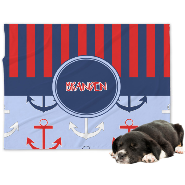 Custom Classic Anchor & Stripes Dog Blanket - Large (Personalized)