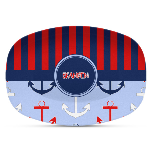 Custom Classic Anchor & Stripes Plastic Platter - Microwave & Oven Safe Composite Polymer (Personalized)