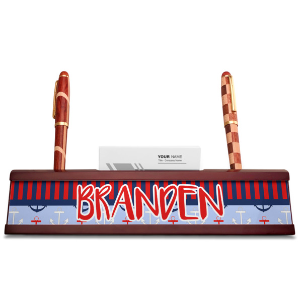 Custom Design - Red Mahogany Nameplates with Business Card Holder - Straight