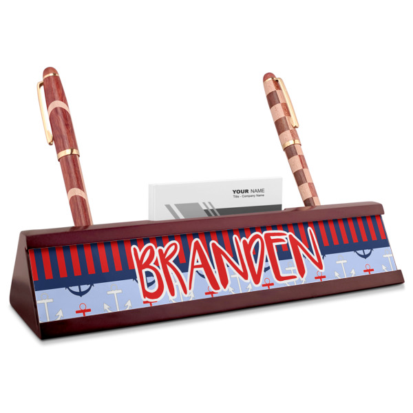 Custom Classic Anchor & Stripes Red Mahogany Nameplate with Business Card Holder (Personalized)