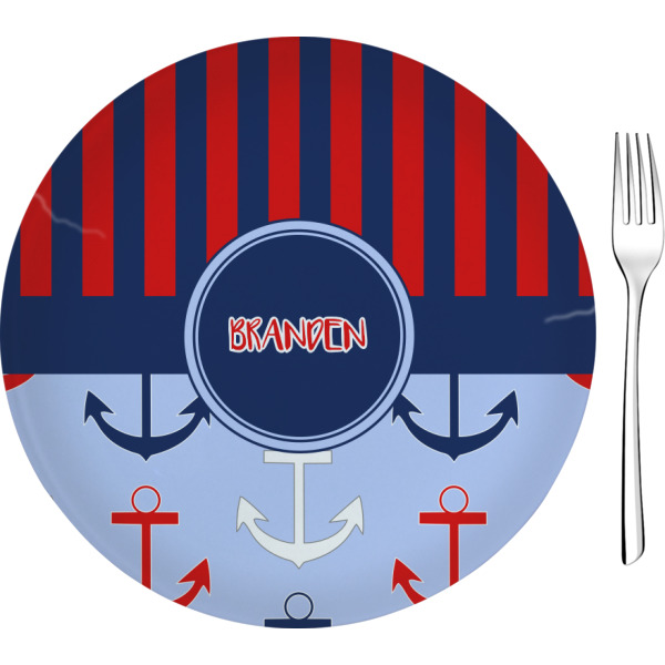 Custom Classic Anchor & Stripes 8" Glass Appetizer / Dessert Plates - Single or Set (Personalized)