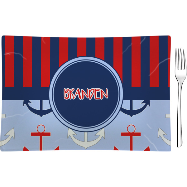 Custom Classic Anchor & Stripes Rectangular Glass Appetizer / Dessert Plate - Single or Set (Personalized)