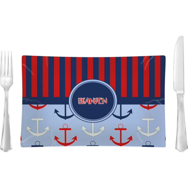 Custom Classic Anchor & Stripes Rectangular Glass Lunch / Dinner Plate - Single or Set (Personalized)