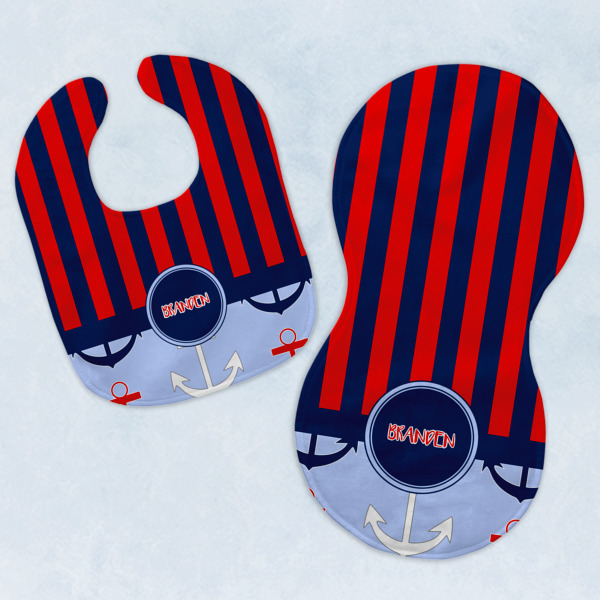 Custom Classic Anchor & Stripes Baby Bib & Burp Set w/ Name or Text