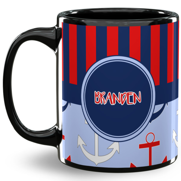 Custom Classic Anchor & Stripes 11 Oz Coffee Mug - Black (Personalized)