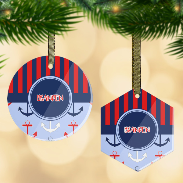Custom Classic Anchor & Stripes Flat Glass Ornament w/ Name or Text
