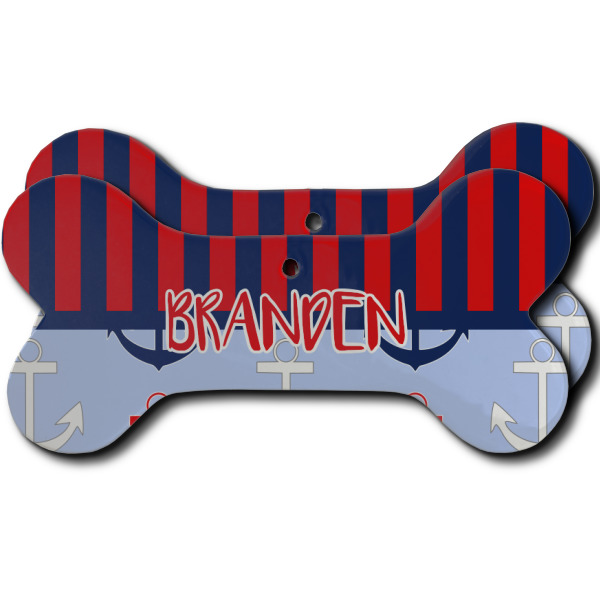 Custom Classic Anchor & Stripes Ceramic Dog Ornament - Front & Back w/ Name or Text