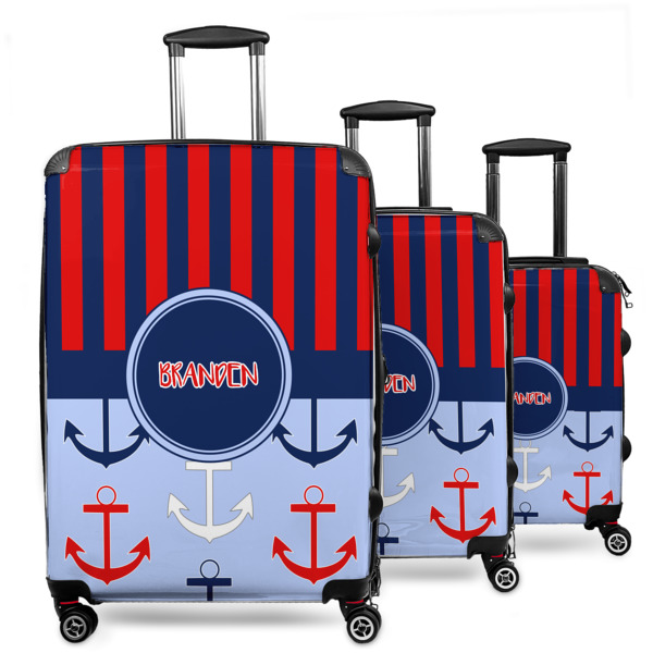 Custom Classic Anchor & Stripes 3 Piece Luggage Set - 20" Carry On, 24" Medium Checked, 28" Large Checked (Personalized)