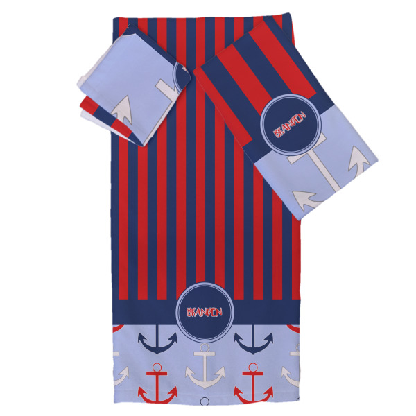 Custom Classic Anchor & Stripes Bath Towel Set - 3 Pcs (Personalized)