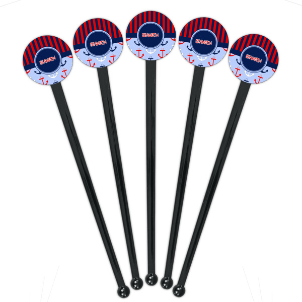 Custom Design - Black Plastic 7" Stir Stick - Round - Fan View