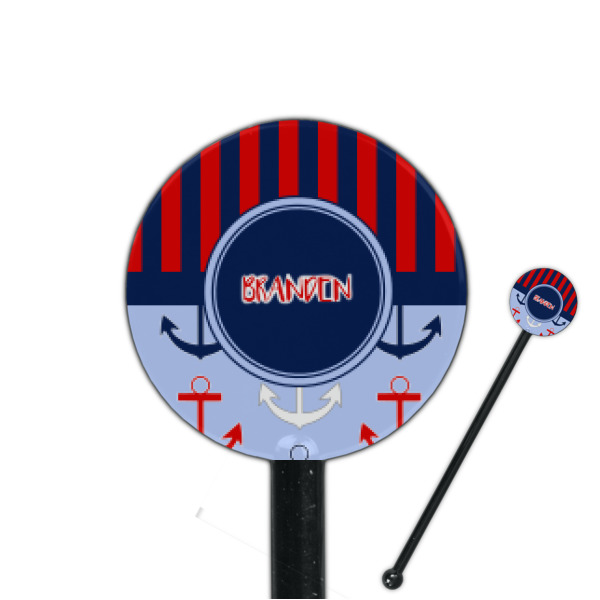 Custom Classic Anchor & Stripes 5.5" Round Plastic Stir Sticks - Black - Single Sided (Personalized)