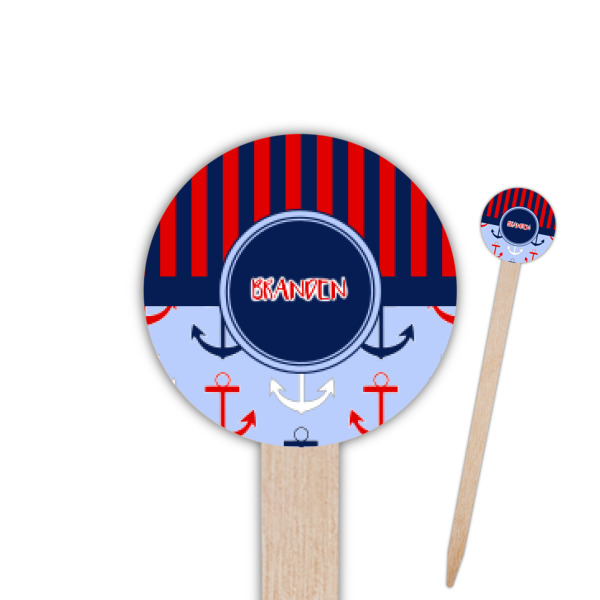 Custom Classic Anchor & Stripes Round Wooden Food Picks (Personalized)