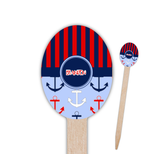 Custom Classic Anchor & Stripes Oval Wooden Food Picks (Personalized)