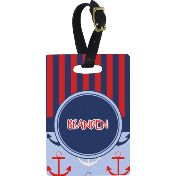 Custom Classic Anchor & Stripes Plastic Luggage Tag - Rectangular w/ Name or Text
