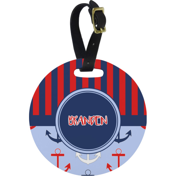 Custom Classic Anchor & Stripes Plastic Luggage Tag - Round (Personalized)