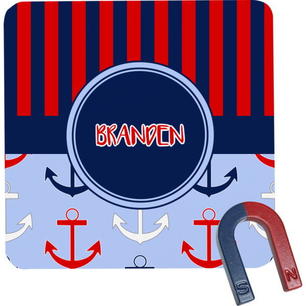 Custom Classic Anchor & Stripes Square Fridge Magnet w/ Name or Text