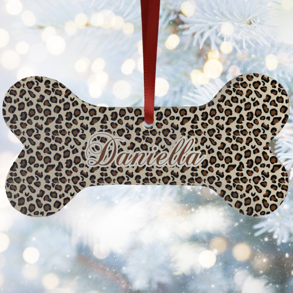 Custom Leopard Print Ceramic Dog Ornament w/ Name and Initial