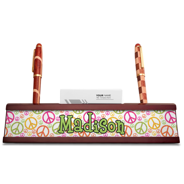 Custom Design - Red Mahogany Nameplates with Business Card Holder - Straight