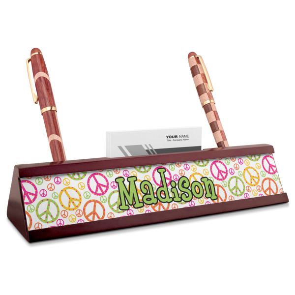Custom Peace Sign Red Mahogany Nameplate with Business Card Holder (Personalized)