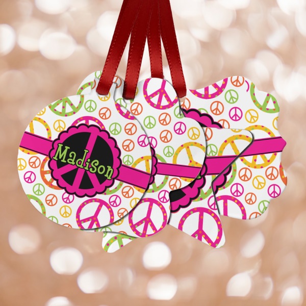 Custom Peace Sign Metal Ornaments - Double Sided w/ Name or Text