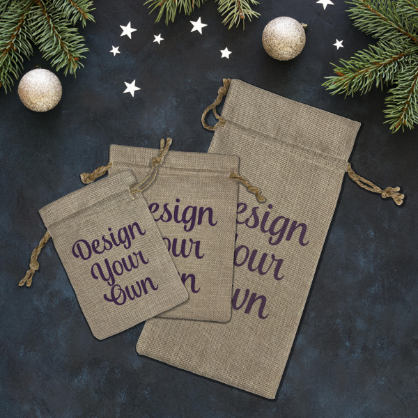 Custom Design - Burlap Gift Bags - LIFESTYLE (Flat lay)