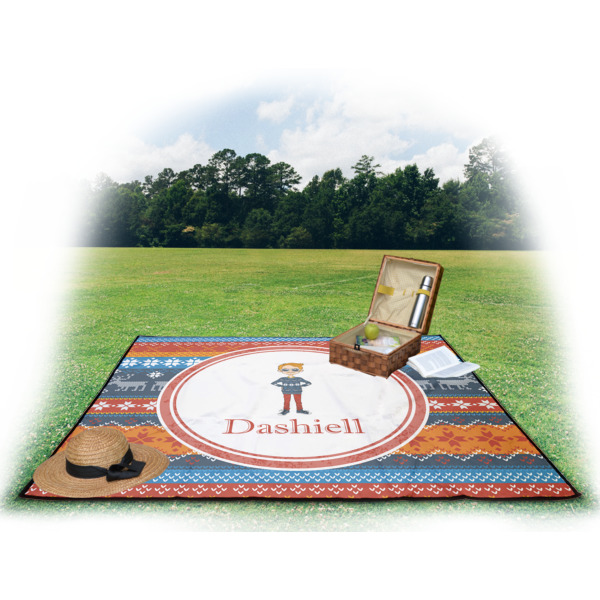 Custom Design - Picnic Blanket - with Basket Hat and Book - in Use