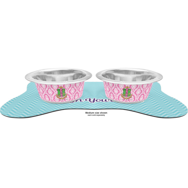 Custom Design - Metal Pet Bowls - On Dog Bone Shaped Mat