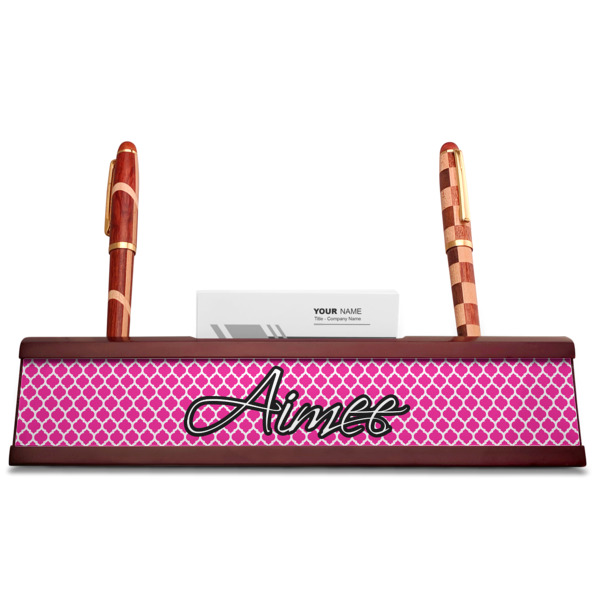 Custom Design - Red Mahogany Nameplates with Business Card Holder - Straight