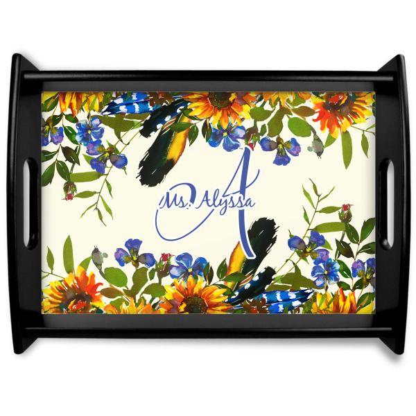 Custom Sunflowers Black Wooden Tray - Large (Personalized)