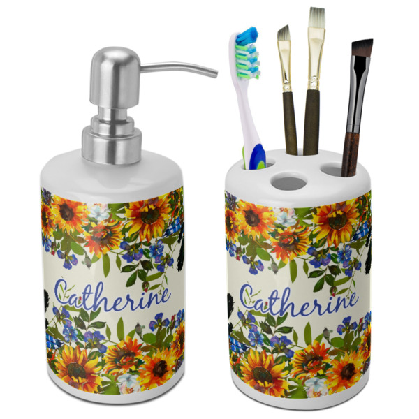 Custom Sunflowers Ceramic Bathroom Accessories Set (Personalized)