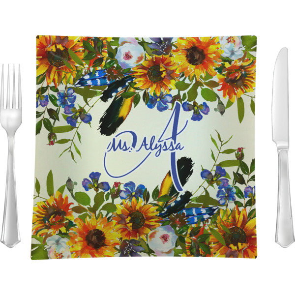 Custom Sunflowers 9.5" Glass Square Lunch / Dinner Plate- Single or Set of 4 (Personalized)