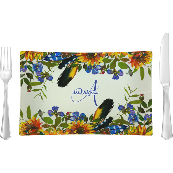 Custom Sunflowers Rectangular Glass Lunch / Dinner Plate - Single or Set (Personalized)