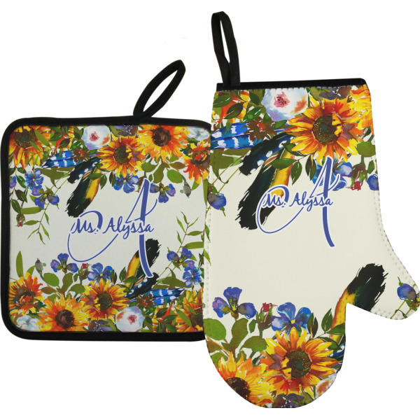 Custom Sunflowers Oven Mitt & Pot Holder Set w/ Name and Initial