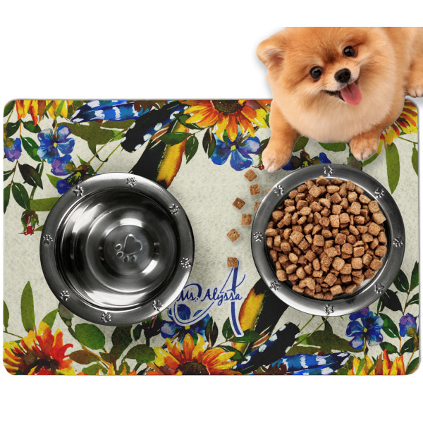Custom Sunflowers Dog Food Mat - Small w/ Name and Initial