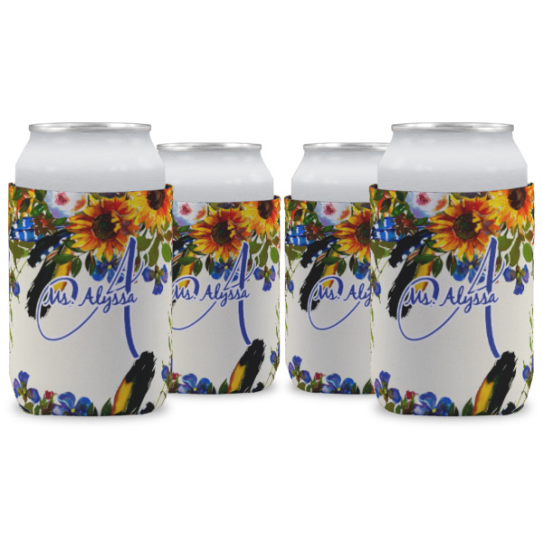 Custom Sunflowers Can Cooler (12 oz) - Set of 4 w/ Name and Initial