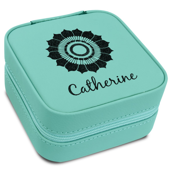 Custom Sunflowers Travel Jewelry Box - Teal Leather (Personalized)