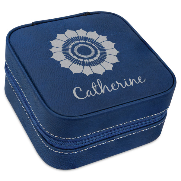 Custom Sunflowers Travel Jewelry Box - Navy Blue Leather (Personalized)