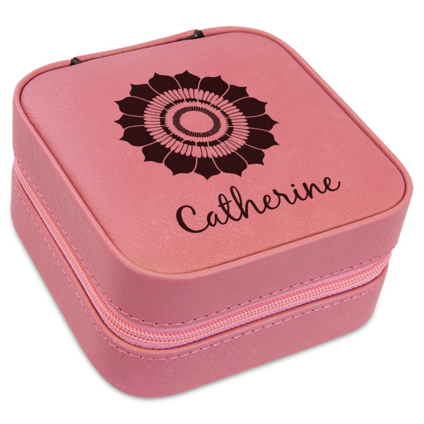 Custom Sunflowers Travel Jewelry Boxes - Pink Leather (Personalized)