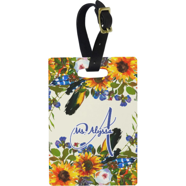 Custom Sunflowers Plastic Luggage Tag - Rectangular w/ Name and Initial