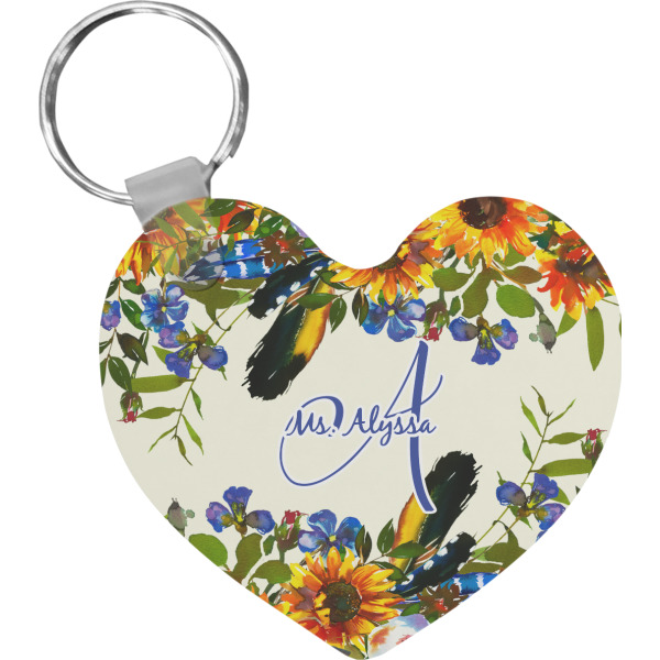 Custom Sunflowers Heart Plastic Keychain w/ Name and Initial